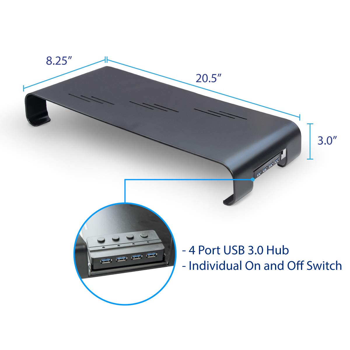 Syba Monitor Stand Riser for Computer, Laptop, Printer, Notebook and All Flat Screen Display with 19" platform and 3" height With USB 3.0 Hub, Black