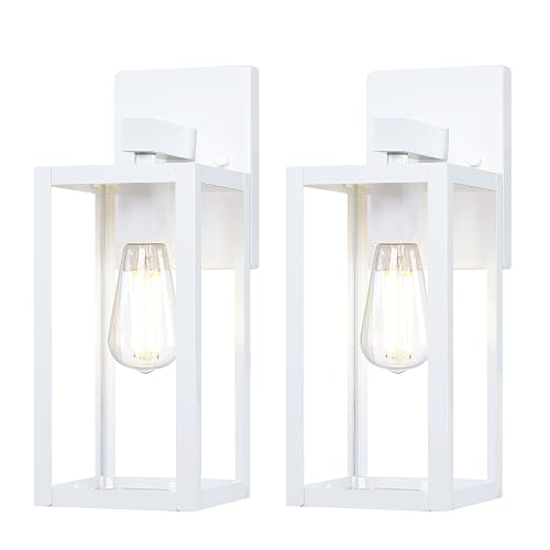 GRUENLICH Waterproof Large Outdoor Wall Lanterns, Modern White Porch Sconces with Clear Glass Shade, E26 Socket Max 60W, IP65 Rated, Metal Frame