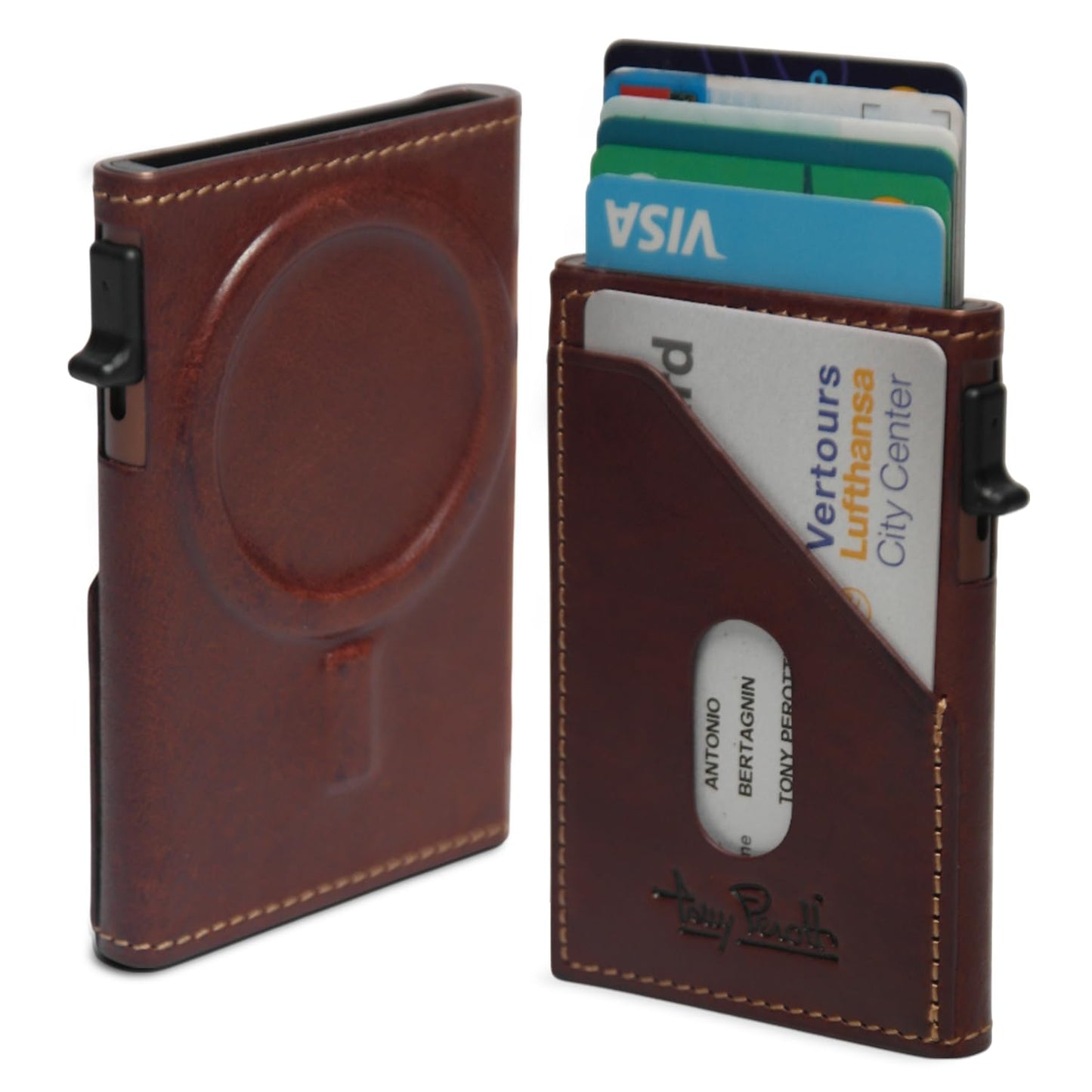 Tony Perotti Italian Leather MagSafe Wallet Card Holder - RFID Blocking, Eco-Friendly Vegetable-Tanned Leather, Quick Access Pop-Up Card Slider, Fits