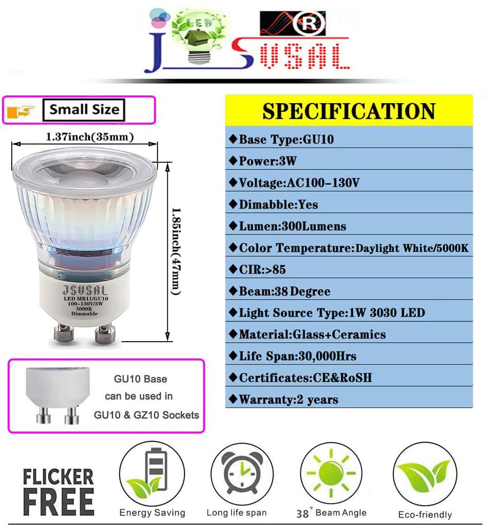 JSVSAL MR11 GU10 LED Light Bulbs,Dimmable,Daylight White, AC120V,3W,4 Pack