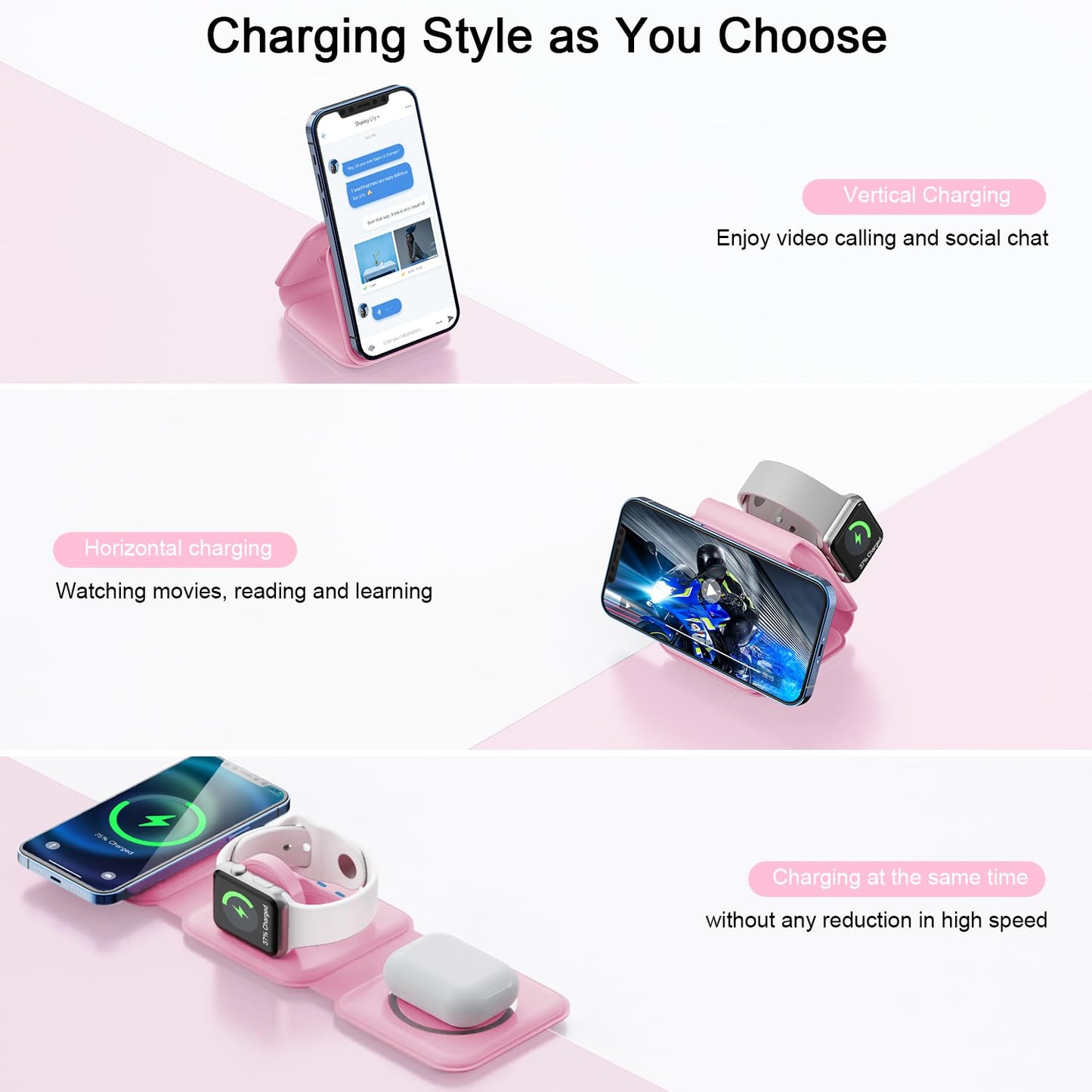 Wireless Charger 3 in 1,RTOPS Magnetic Travel Wireless Charging Station Multple Devices,GaN 3 in 1 Charging Station,Compatible