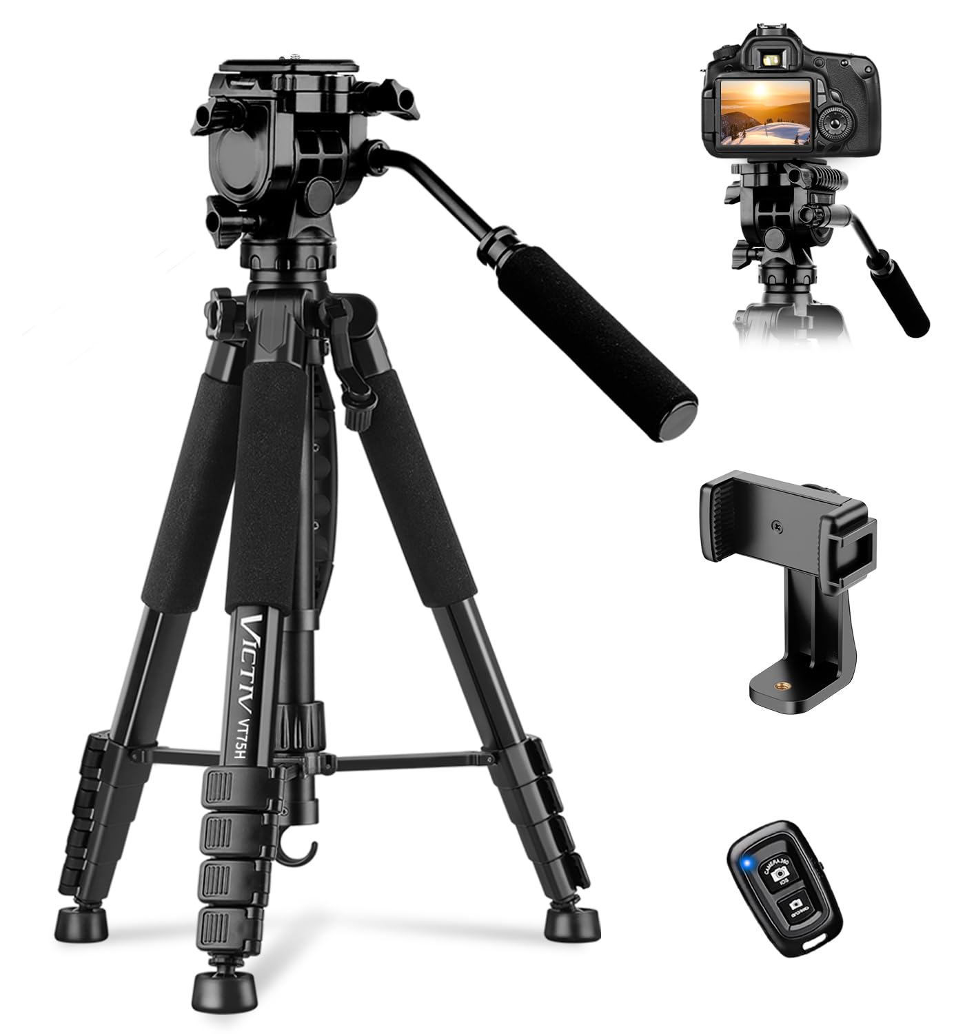 Camera Tripod, 75” Heavy Duty Tripod for Camera with Phone Holder and Travel Bag, Compatible with Video Camera, DSLR, Spotting Scopes, Camcorder