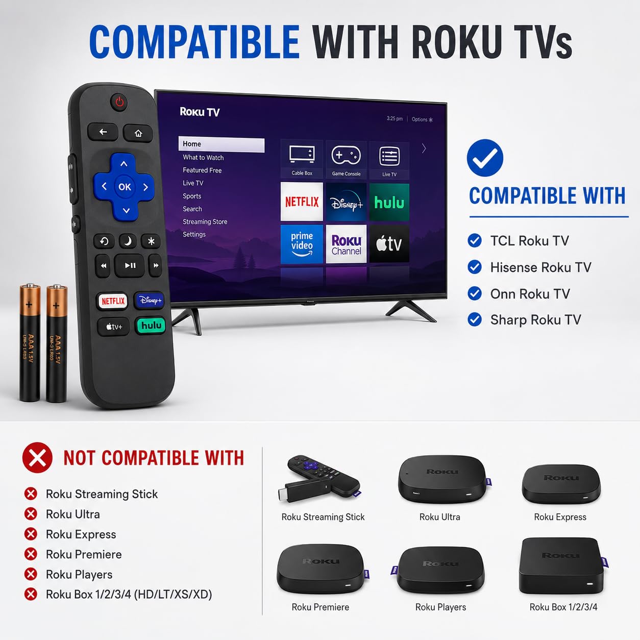 New Roku TV Remote Control for TCL/Hisense/Onn/Sharp Roku TVs - 4 Shortcut Buttons for Netflix/Disney/Hulu/Apple TV (2 Batteries)