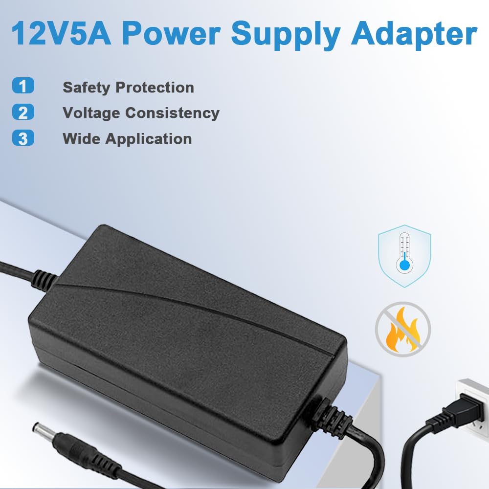 12V 5A Power Supply Charger AC/DC Adapter, 60W Switching Power Adapter with 1 DC Plug Fit for 3D Printer, CCTV Camera, Kids Children Electric Ride…
