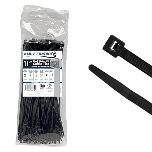 Kable Kontrol Cable Zip Ties 100 Pcs 11 Inch Black, 50 Lbs Tensile Strength, Self-locking UV Resistant Plastic Nylon Wire Ties, for Indoor or Outdoor