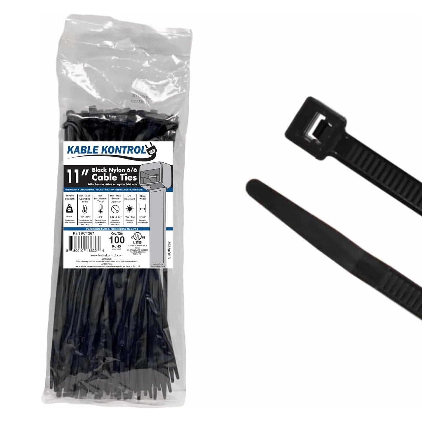 Kable Kontrol Cable Zip Ties 100 Pcs 11 Inch Black, 50 Lbs Tensile Strength, Self-locking UV Resistant Plastic Nylon Wire Ties, for Indoor or Outdoor