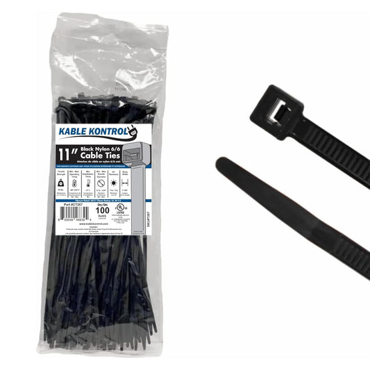 Kable Kontrol Cable Zip Ties 100 Pcs 11 Inch Black, 50 Lbs Tensile Strength, Self-locking UV Resistant Plastic Nylon Wire Ties, for Indoor or Outdoor