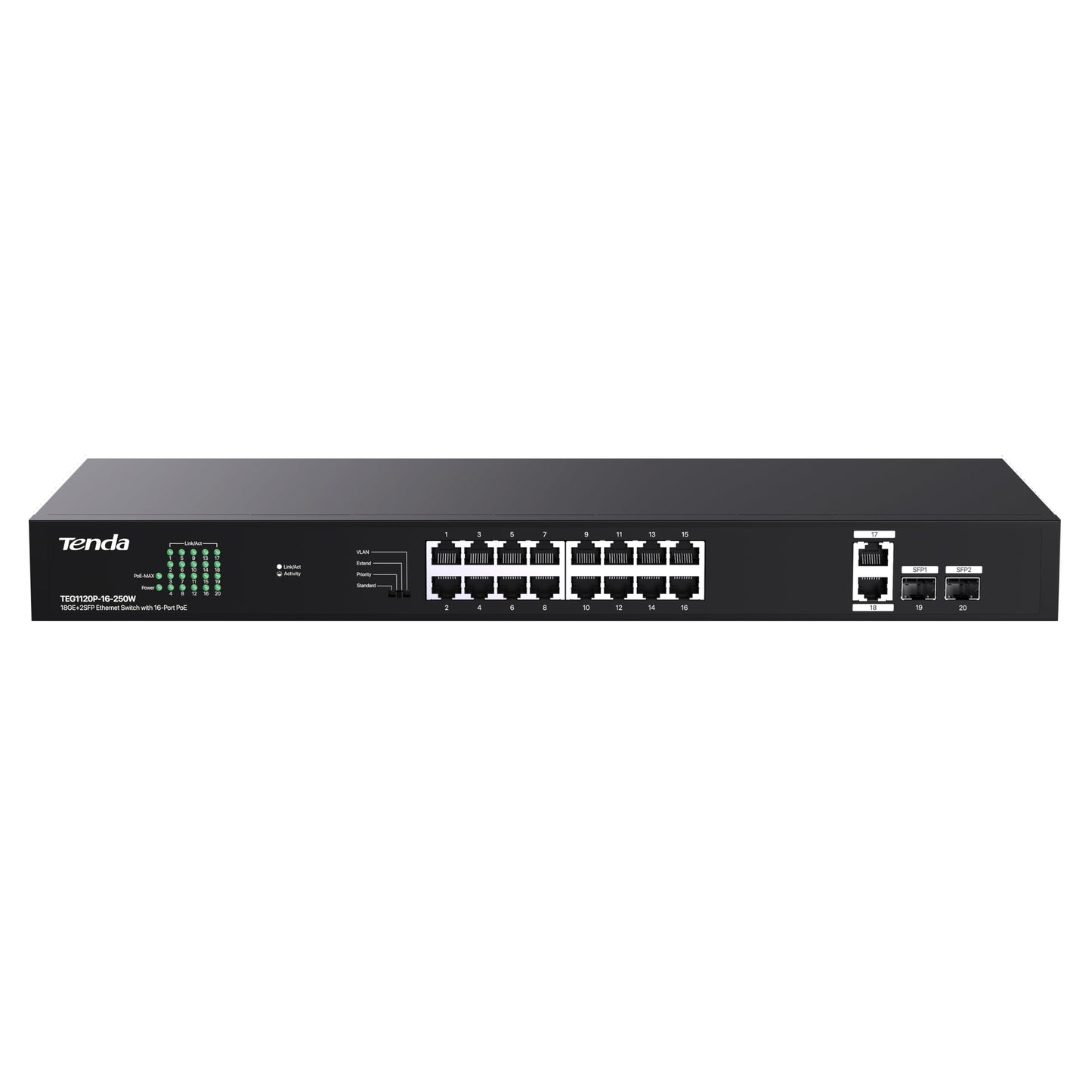 Tenda TEG1120P-16-250W, 16 Port Gigabit PoE Switch Compatible with IEEE 802.3af/at Devices, Rack Mountable, Unmanaged PoE+ Switch with 16 Port