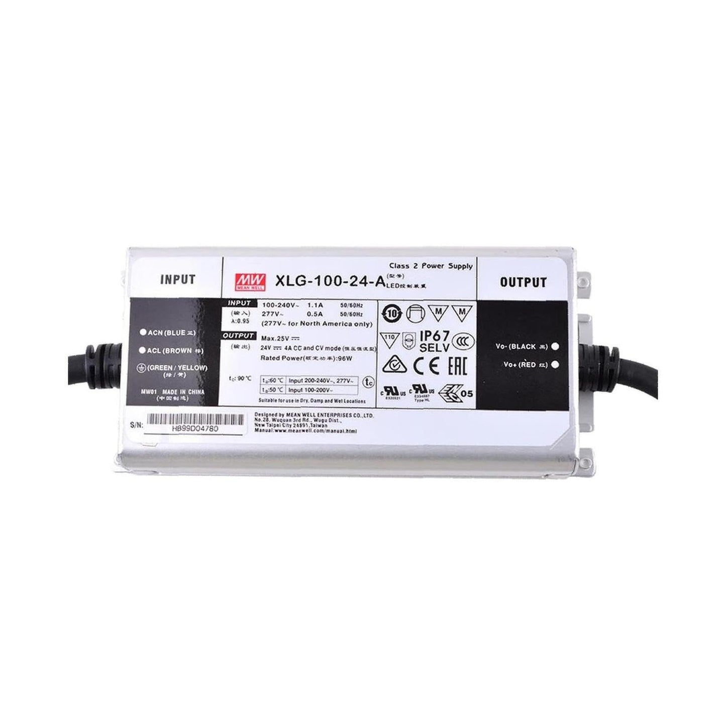 Mean Well XLG-100-24-A LED Power Supply CC+CV 96W 16.8-24V 4A, Io Adj by Potmeter,100~305VACin