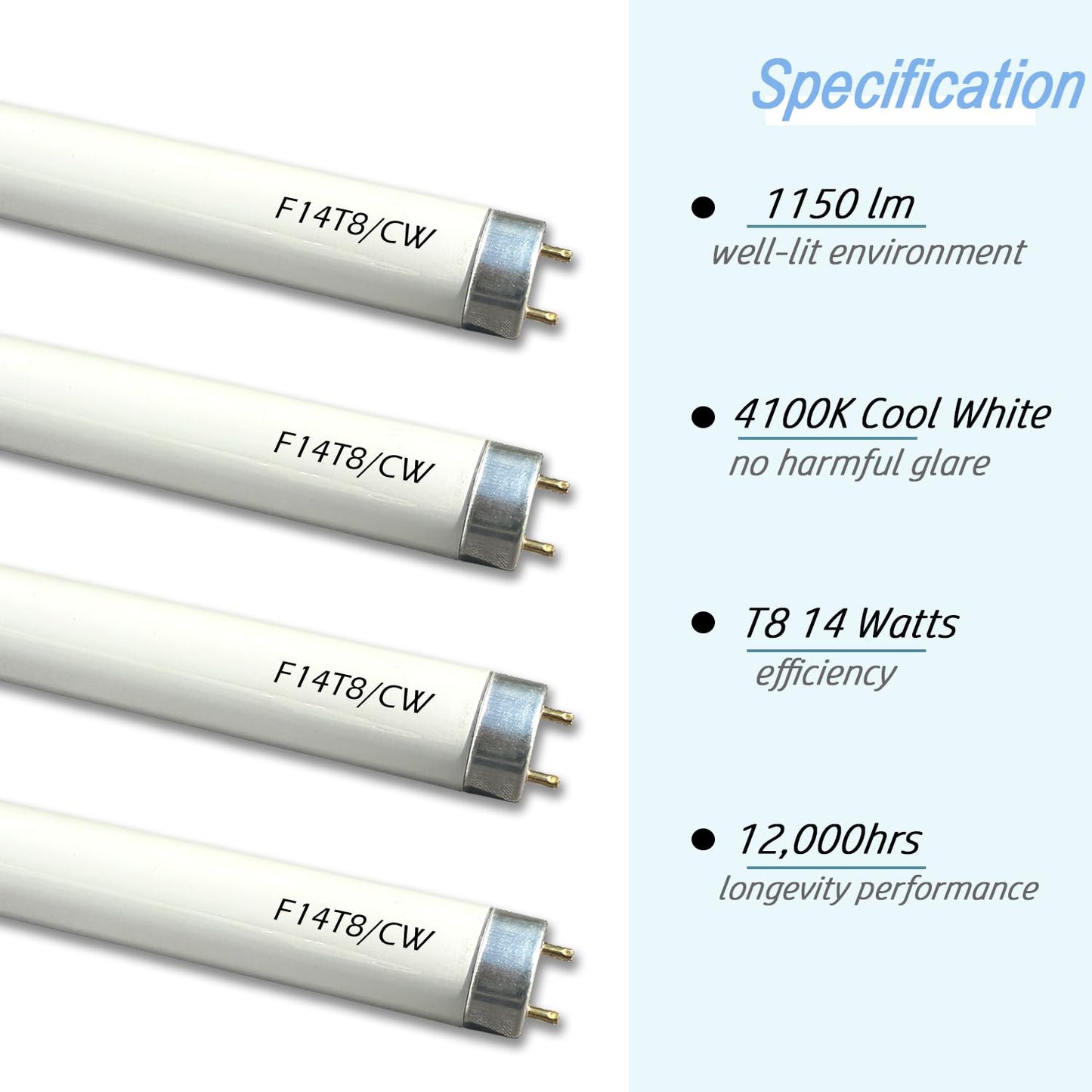 Cemlorot 4 Pack F14T8/CW Fluorescent Light Bulb,T8 14 Watts 4100K Cool White T8 Linear Tube, G13 Medium Bi-Pin Base,14.75 inch Overll Length