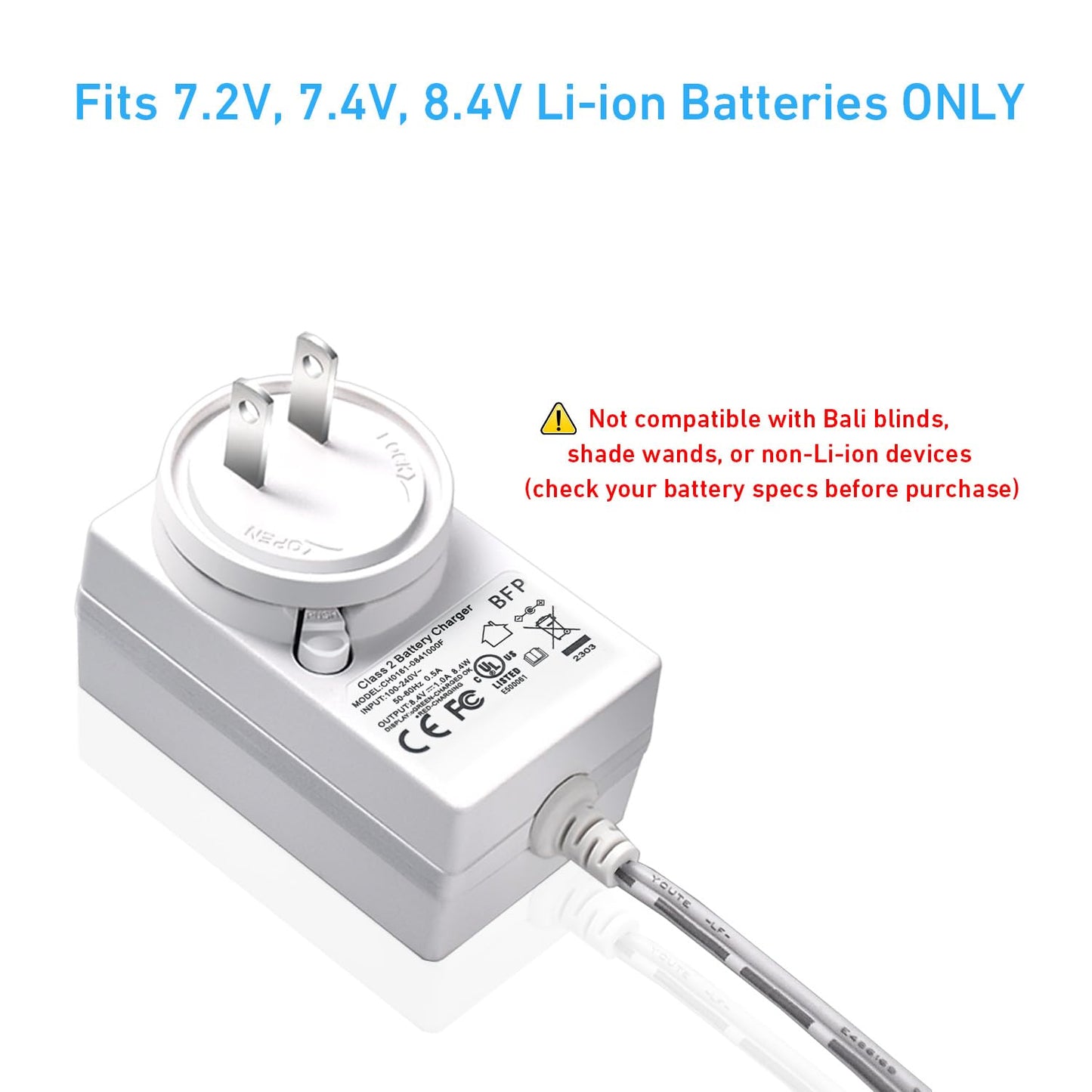 Rollerhouse 8.4V 1A Li-ion Battery Charger Power Adapter for 7.2V,7.4V 8.4V Device, with LED Indicator 3.5x1.35mm Male Plug Connector, L=118", White