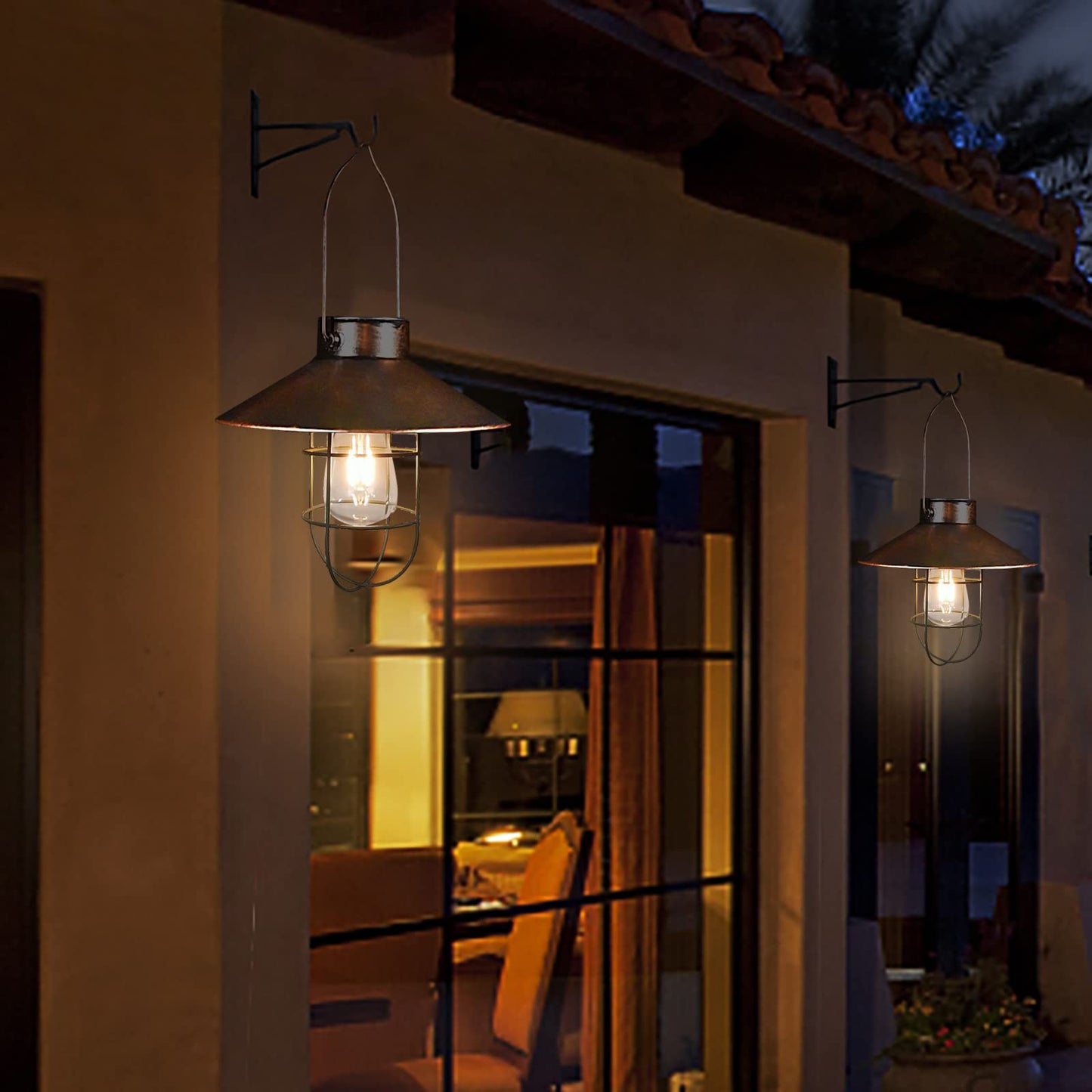 pearlstar Solar Lantern Outdoor Hanging Light Metal Farmhouse Solar Lamp with Warm White Edison Bulb Design for Garden Yard Patio Porch Decor (Brushed