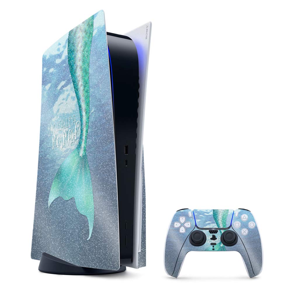 MightySkins Glossy Glitter Skin Compatible with PS5 / Playstation 5 Bundle - Im Really A Mermaid | Protective, Durable High-Gloss Glitter Finish |