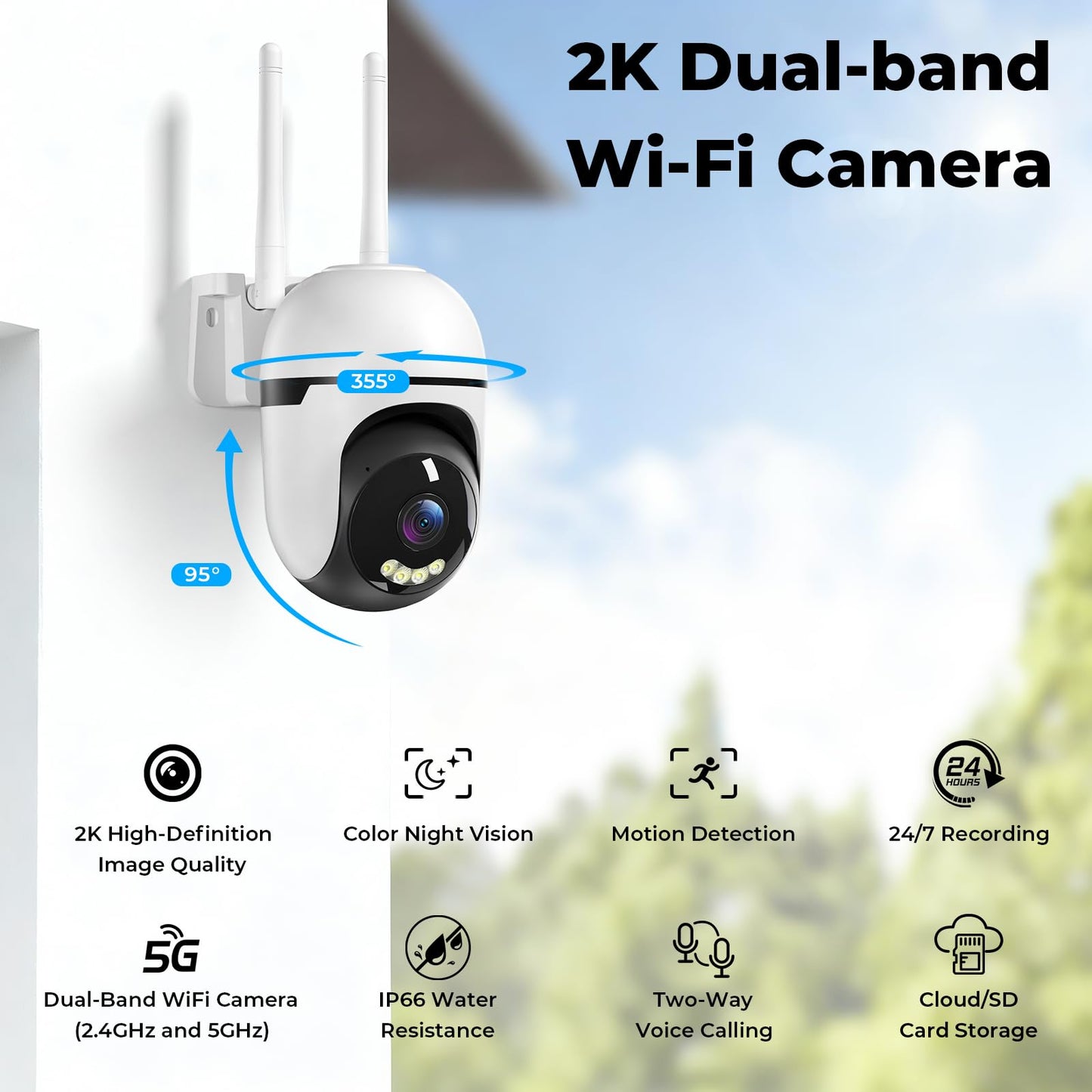 JUFLSKY Security Camera Outdoor Wired,2K Security Cameras Outdoor,2.4G & 5GHz WiFi Surveillance Camera Home/Dome,IP66 Waterproof,360° PTZ Auto