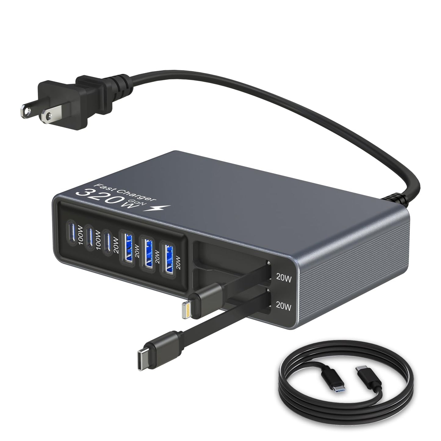X-Star 320W 8-Port Retractable USB C Charger Block Charging Station,Upgraded GaN3.0 PD 100W Desktop Laptop Chargers,Fast Multiple USB Charging Hub