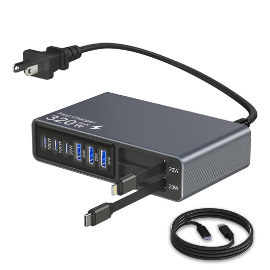 X-Star 320W 8-Port Retractable USB C Charger Block Charging Station,Upgraded GaN3.0 PD 100W Desktop Laptop Chargers,Fast Multiple USB Charging Hub