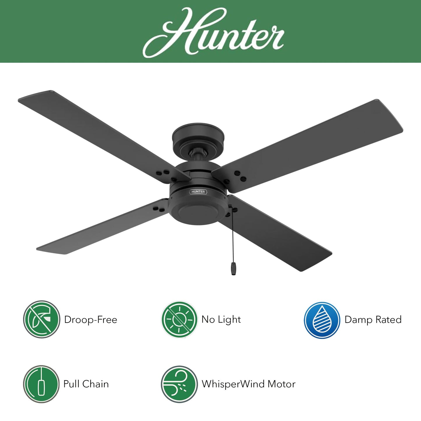 Hunter Fan 52 inch Outdoor or Indoor Ceiling Fan with Pull Chain, Black Ceiling Fan without Light, For Patio, Kitchen, Garage, Living Room (Renewed)