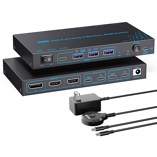 2 Laptops 3 Monitors KVM Switch 2 Port MST Dual USB-C Docking KVM Switches Triple Monitor Support Max 10Gbps USB Transfer Dual 4K@60Hz & One
