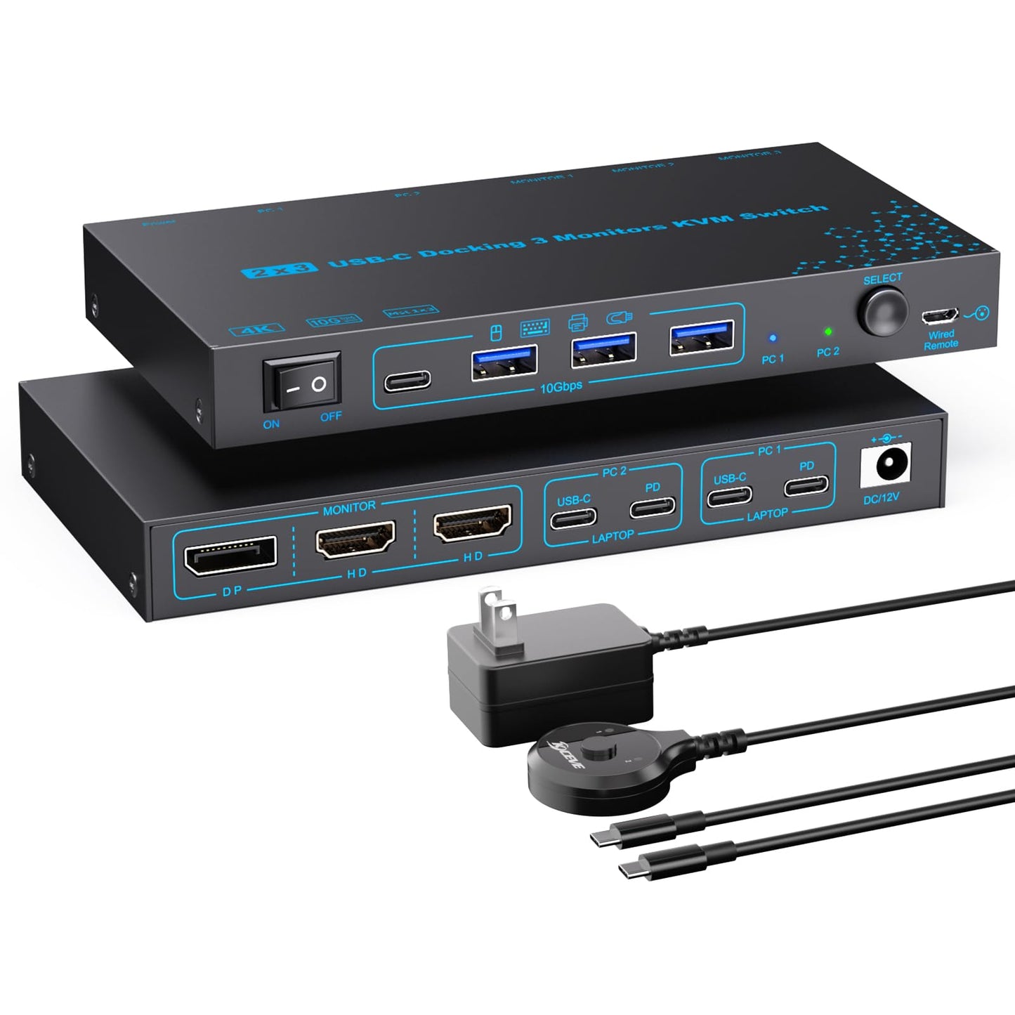 2 Laptops 3 Monitors KVM Switch 2 Port MST Dual USB-C Docking KVM Switches Triple Monitor Support Max 10Gbps USB Transfer Dual 4K@60Hz & One