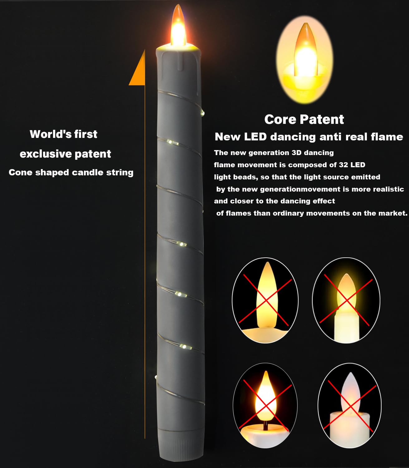 Flameless Candle, (Conical) Patented Starlight String, LED Candle, 11-Key Timing Remote Control, Battery Powered, Dance Flicker Flame, 6 Packs