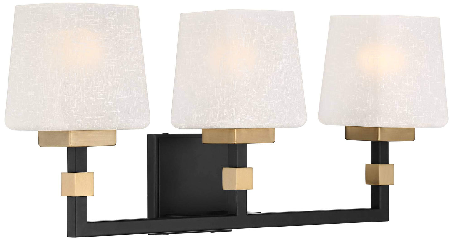 Possini Euro Design Beauregard Modern Industrial Wall Light Black Gold Metal Hardwired 21 3/4" Wide 3-Light Fixture Mounted Square Linen Glass Shade