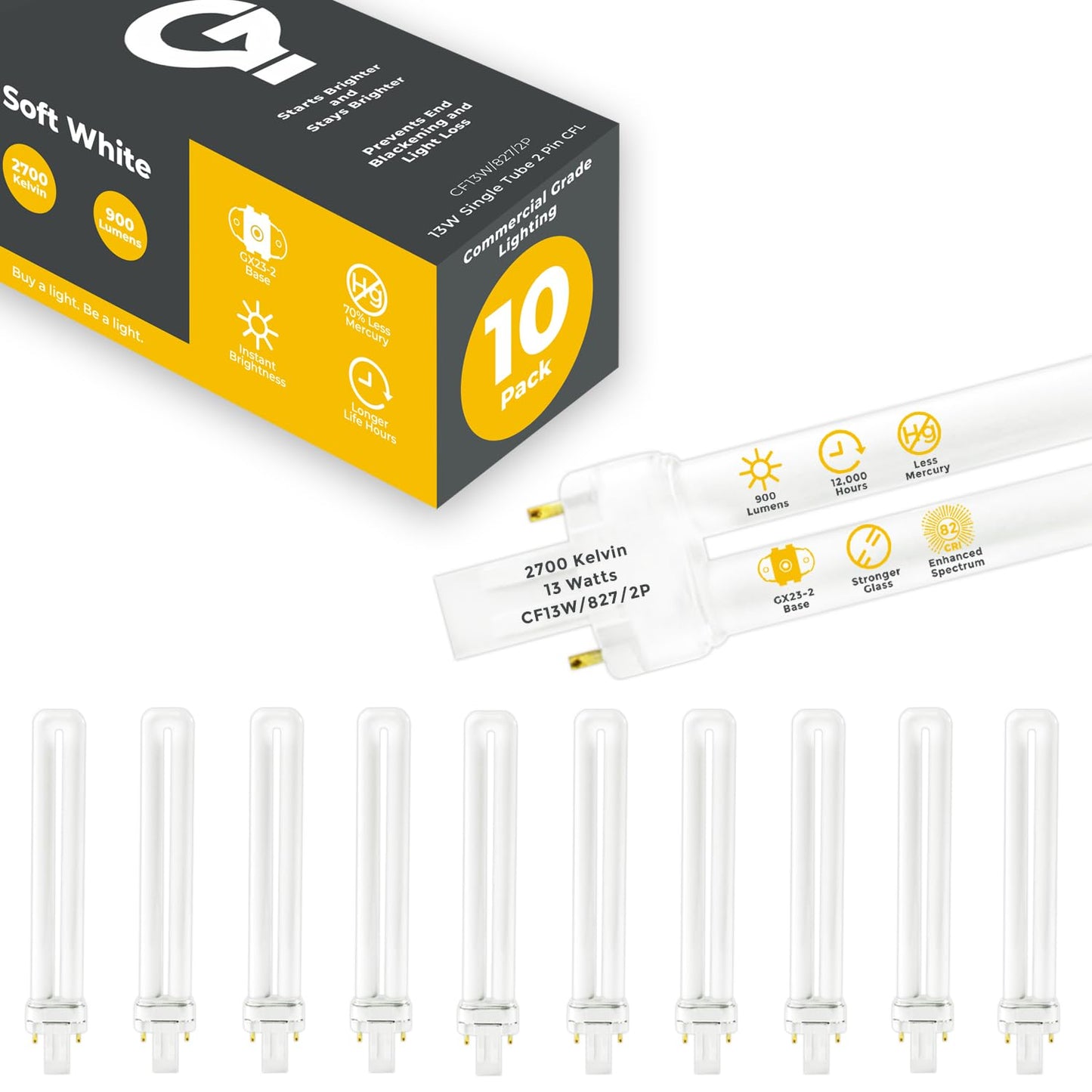 GoodBulb 13 Watt CFL Light Bulbs 2 Pin GX23 Base 2700K Soft White 13W High Output 800 Lumens Single Tube Compact Fluorescent Light Bulbs Plug-in 10