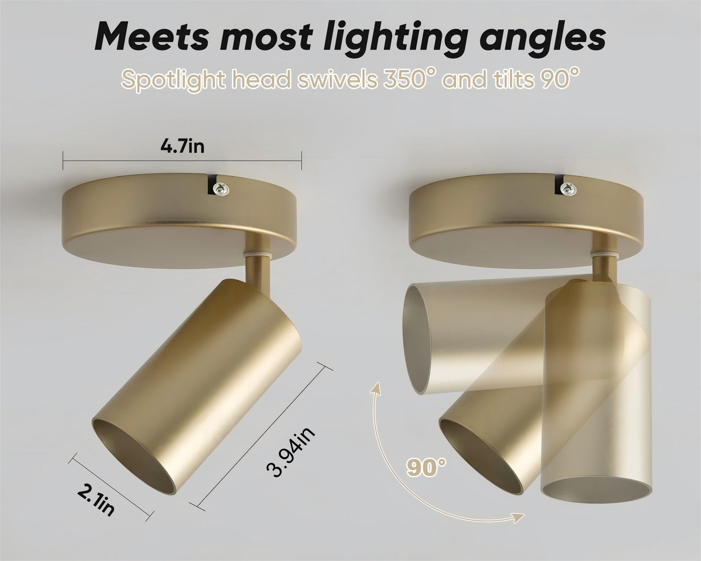 NatureLamp 2 Pack Gold Ceiling Spotlights Indoor Adjustable 1-Light Track Lighting with Flexibly Rotatable Spot Light Head for Bedroom, Kitchen, GU10