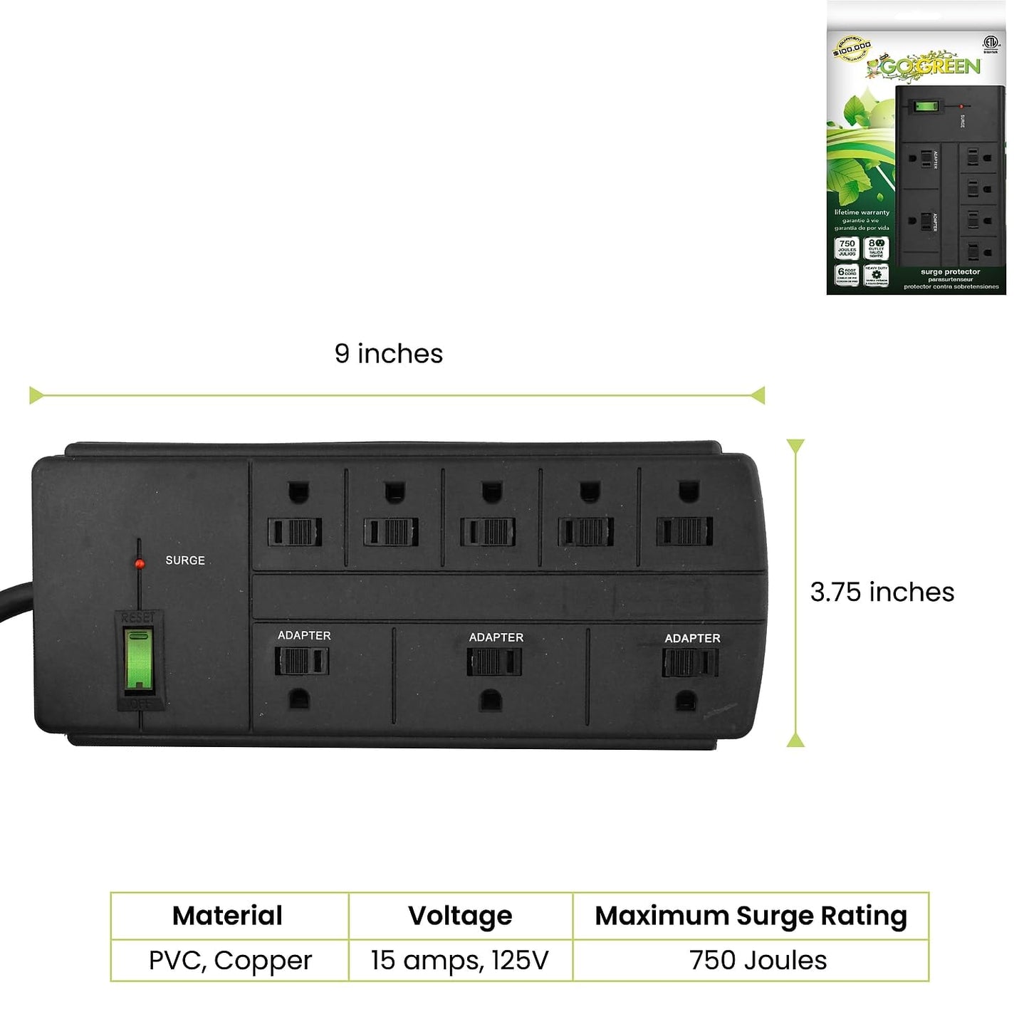 Power by GoGreen 8 Outlet Surge Protector, 6' Cord, Black (GG-18316BK)