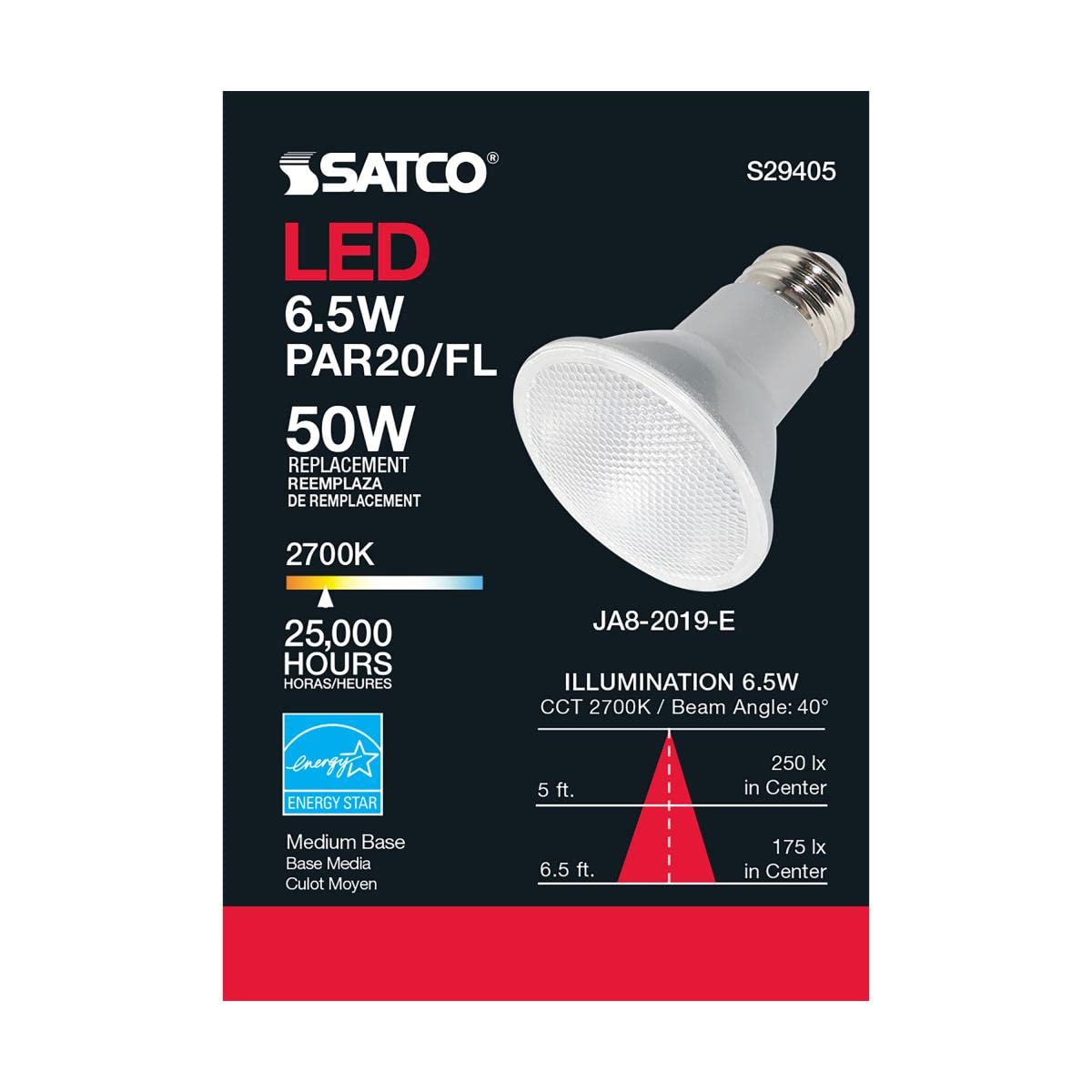 Satco 50W Equivalent Soft White PAR20 Medium Dimmable LED Floodlight Light Bulb - 1 Each