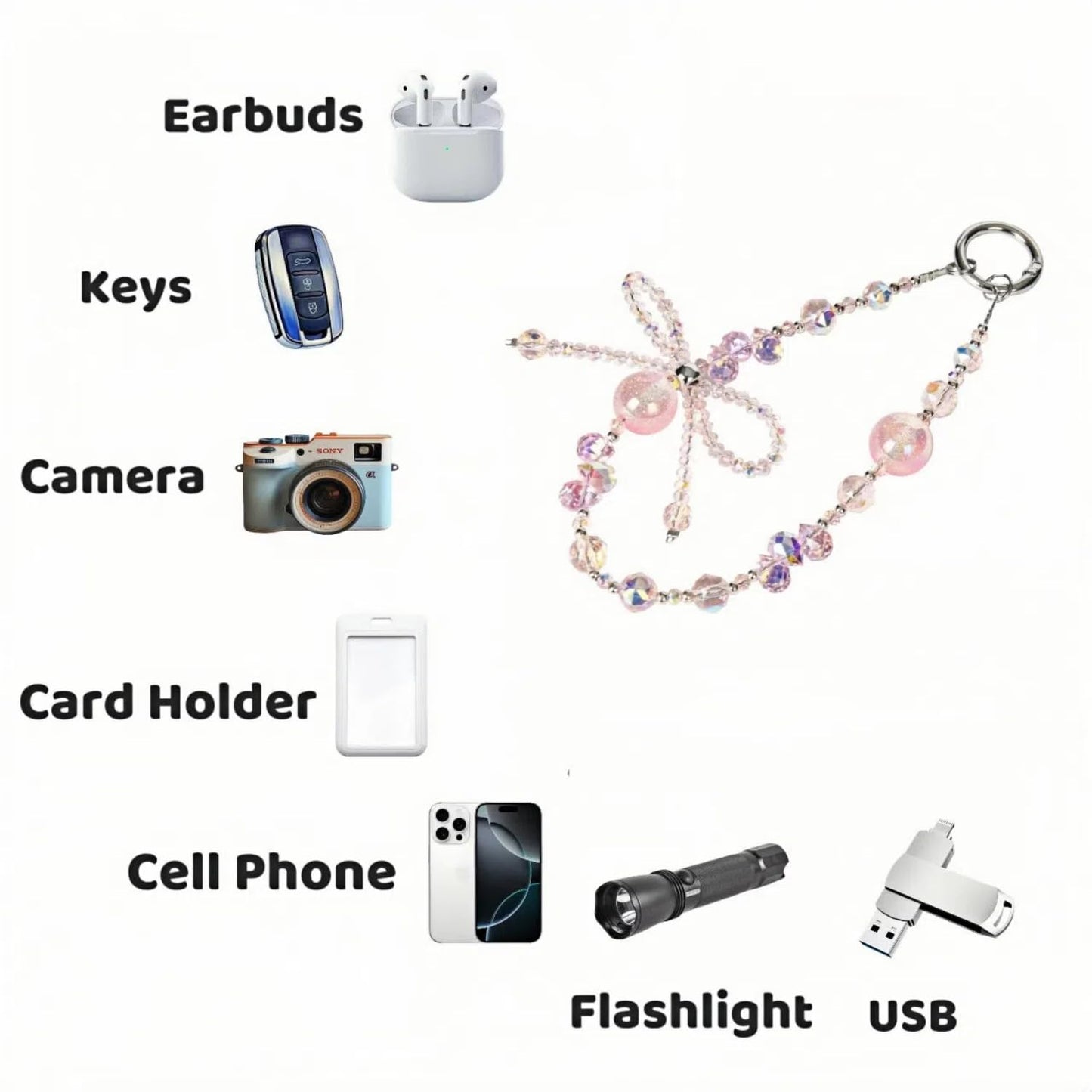 NUANJUYU Handmade Sparkling Crystal Bead Phone Wrist Strap,Beaded Bow - Anti-Drop Strap & 2 Tabs - Women Gift ?Crystal Pink?