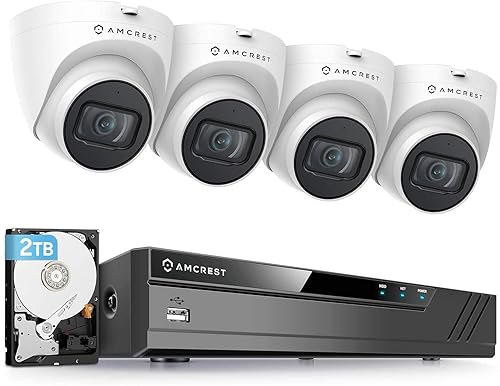 Amcrest 5MP POE Security Camera System Outdoor, 8CH POE NVR, 4pcs 5MP Turret Cameras, IP67 Metal Turret IP Cameras, Built in Mic, Pre-Installed 2TB