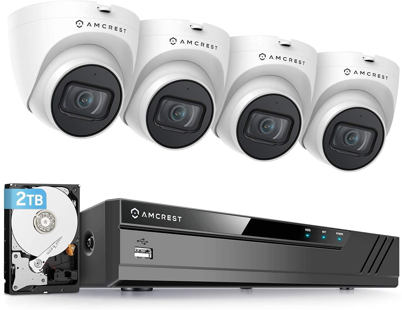 Amcrest 5MP POE Security Camera System Outdoor, 8CH POE NVR, 4pcs 5MP Turret Cameras, IP67 Metal Turret IP Cameras, Built in Mic, Pre-Installed 2TB