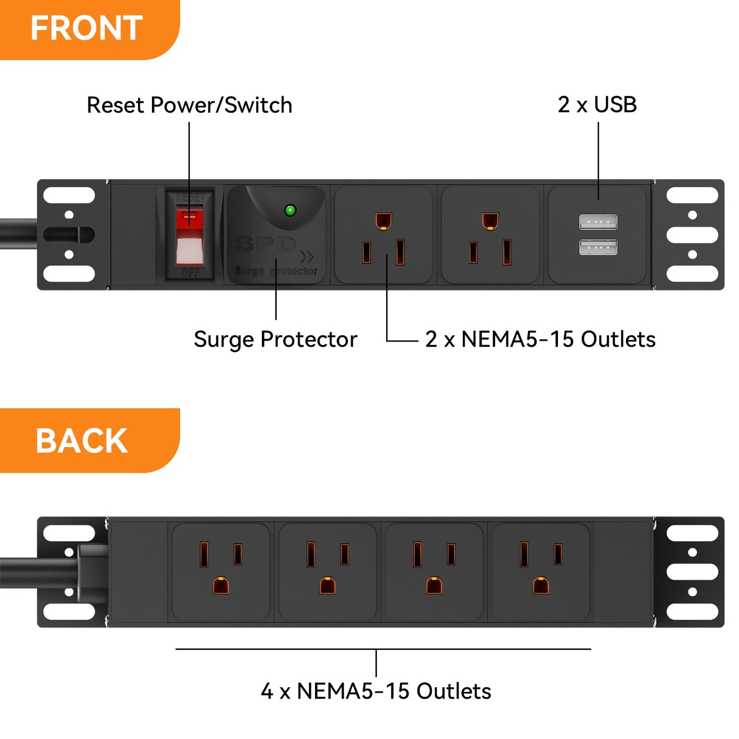 10 inch Rack PDU, 1U 6 Outlets(2 in front, 4 in back),1020J Surge Protection and 15A Overload Switch & 2 USB-A, Rack Mount Power Strips for 10'' Mini
