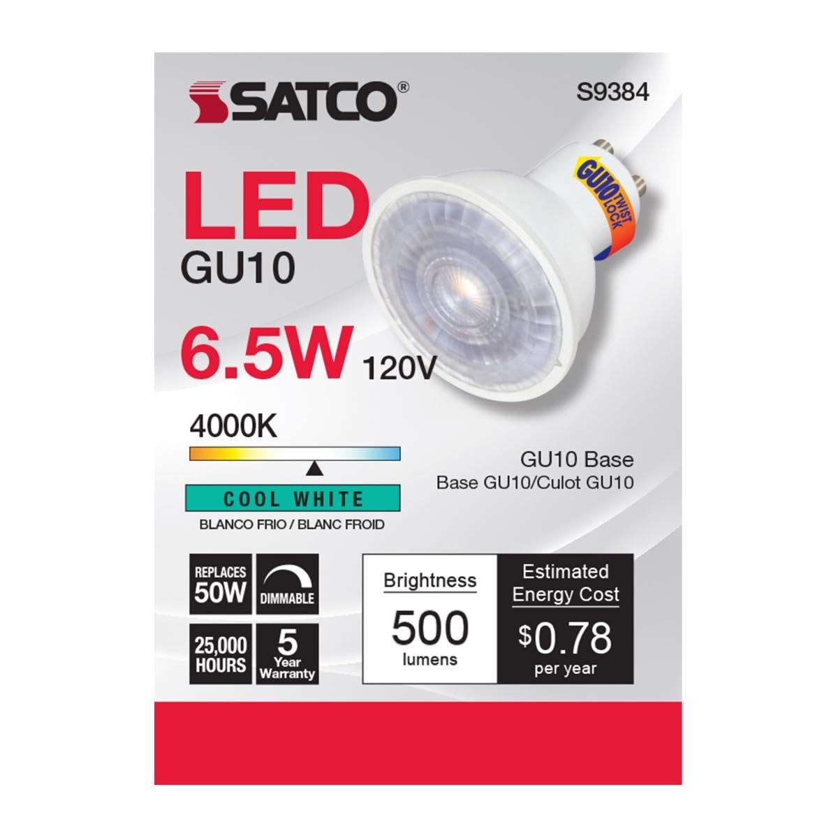 Satco 6.5 Watt LED MR16 Reflector Light Bulb, 4000K Cool White, 500 Lumen, 40 Deg. Beam Angle, GU10 Base, 120 Volt, Dimmable, White Finish (12 LED