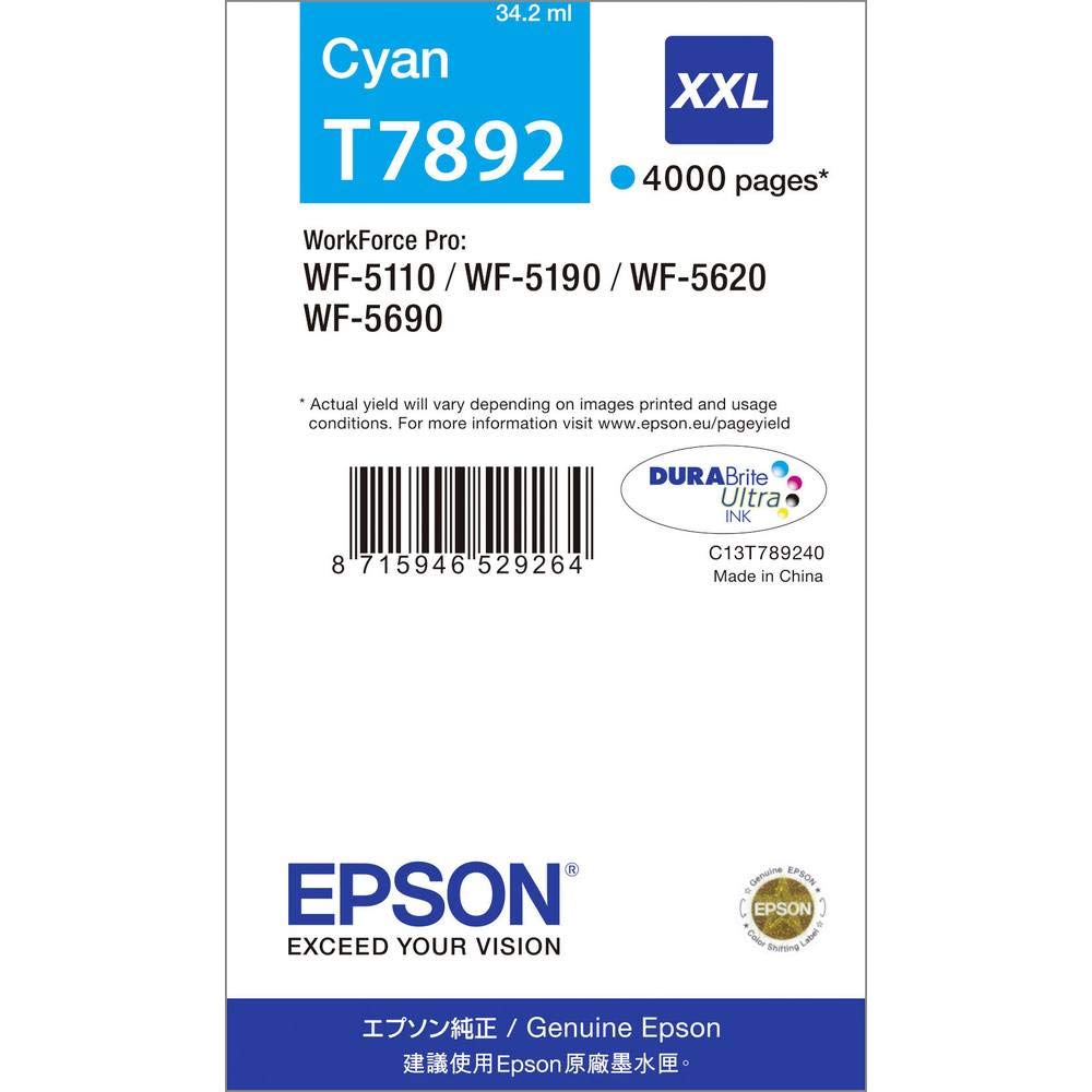 Epson T7892 - XXL size - cyan - original - ink cartridge - for WorkForce Pro WF-5110DW, WF-5190DW, WF-5620DWF, WF-5690DW