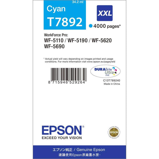 Epson T7892 - XXL size - cyan - original - ink cartridge - for WorkForce Pro WF-5110DW, WF-5190DW, WF-5620DWF, WF-5690DW