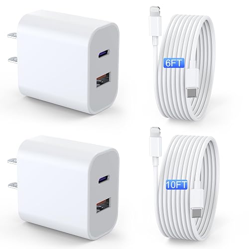 iPad Charger 2 Pack 20W Dual Port QC + PD 3.0 Power Adapter Fast Wall Charger Block with 6FT&10FT Lightning Cord Cable for iPad 9/8/ 7 Generation