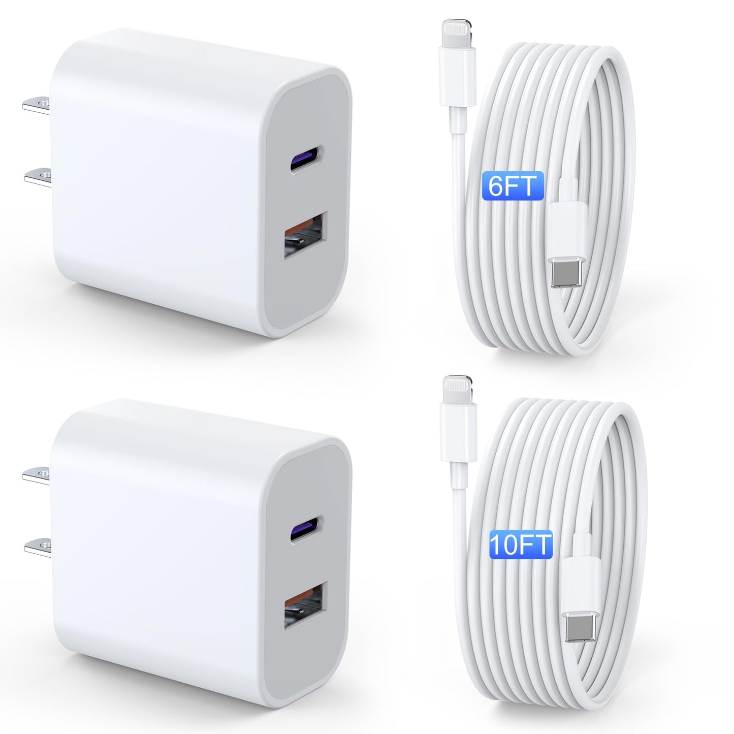 iPad Charger 2 Pack 20W Dual Port QC + PD 3.0 Power Adapter Fast Wall Charger Block with 6FT&10FT Lightning Cord Cable for iPad 9/8/ 7 Generation