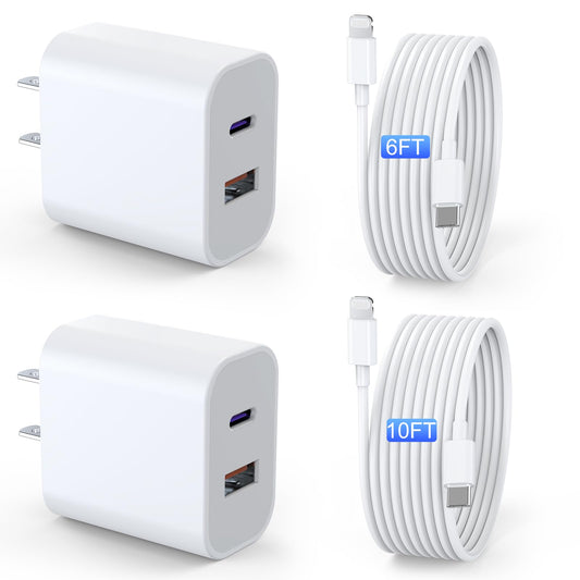 iPad Charger 2 Pack 20W Dual Port QC + PD 3.0 Power Adapter Fast Wall Charger Block with 6FT&10FT Lightning Cord Cable for iPad 9/8/ 7 Generation