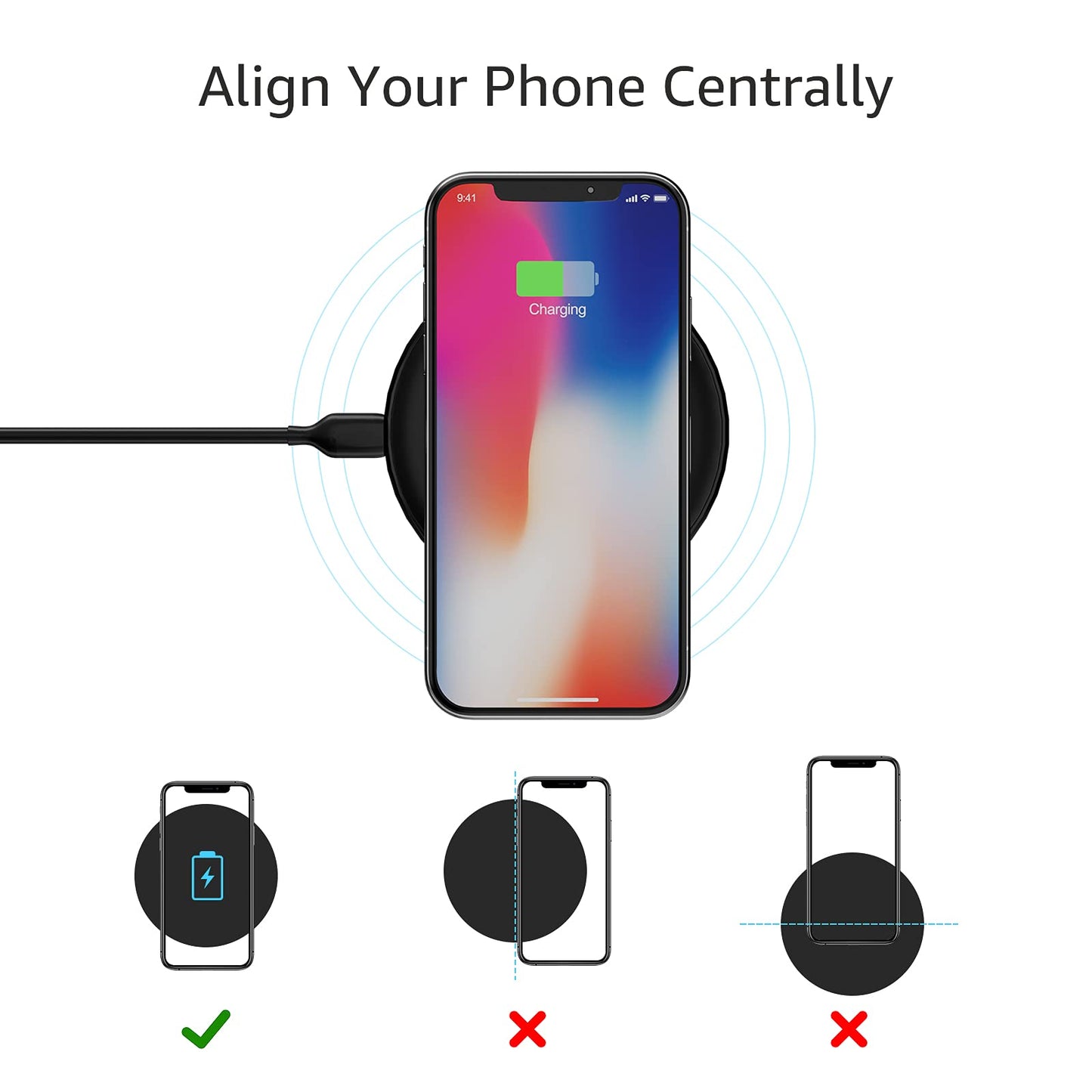 Amazon Basics Wireless Charger, 15W Qi Certified Wireless Charging Pad with USB Cable, Compatible with iPhone 15/14/13/12/11/X, Samsung & LG, Case