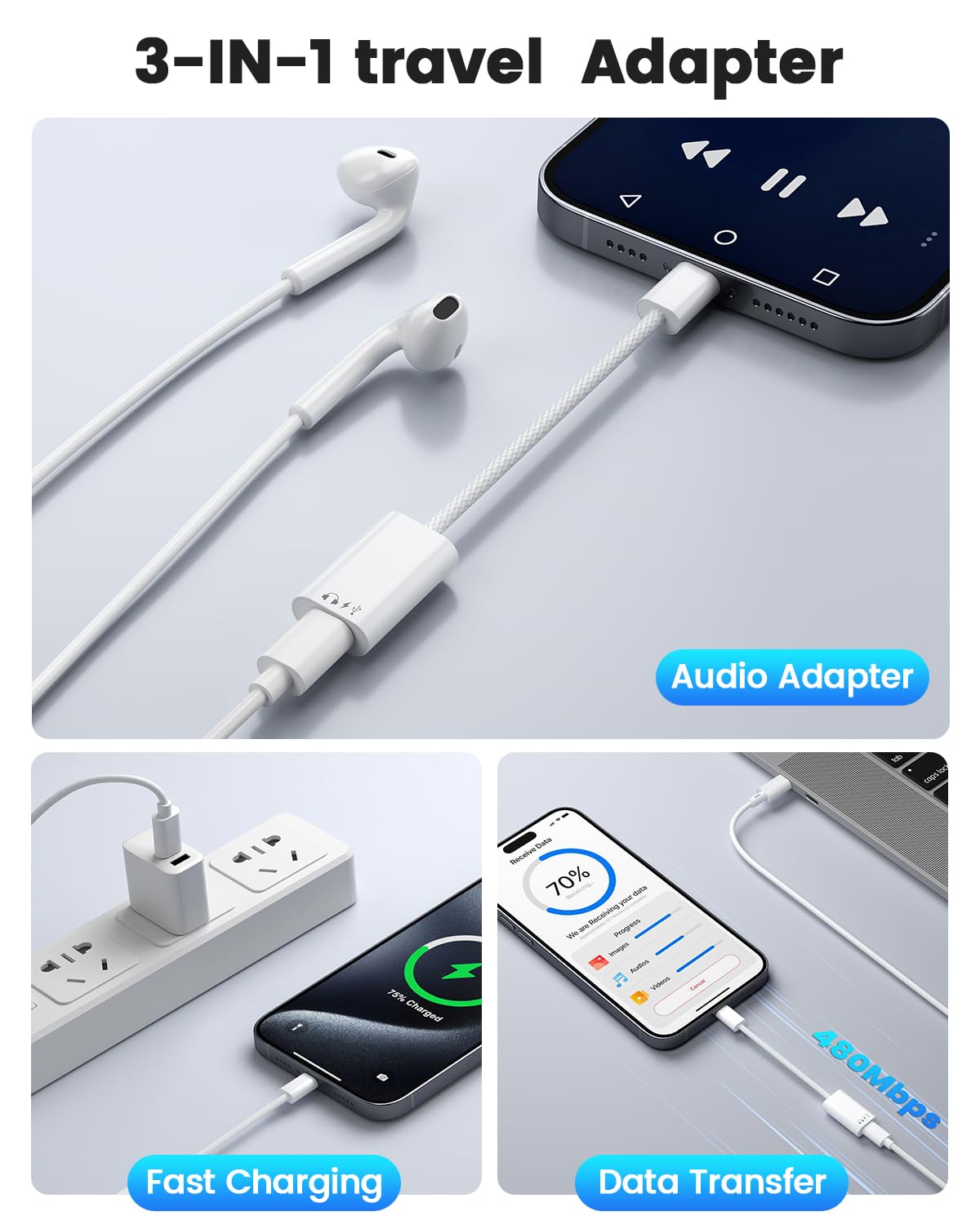 USB C to Lightning Audio & Charging Adapter, Type C to iPhone Converter for Earphones and Data Transfer, Lightning to USBC Adaptor Compatible