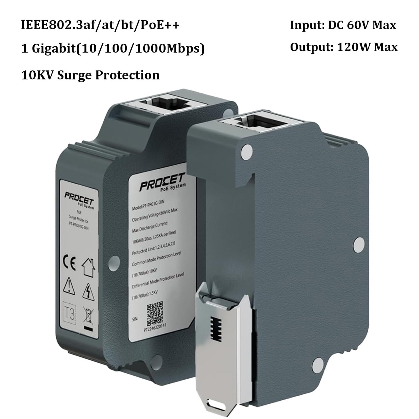 PROCET 10KV DIN Rail PoE Surge Protector IEEE802.3bt/PoE++ Up to 120W Gigabit PoE 10KV Lightning Suppressor, -40? to 185?, Industrial Zinc Alloy, Gas