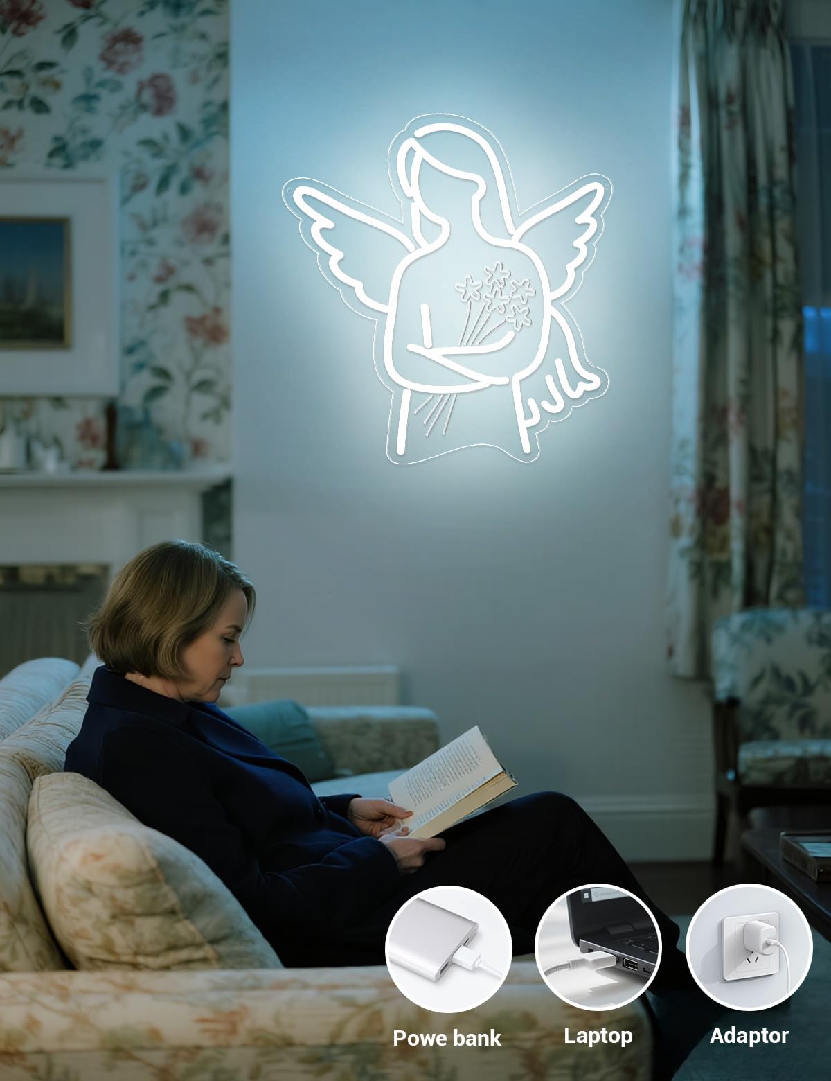 Angel Neon Sign for Wall Decor, White LED Neon Light Signs for First Time Grandma Mother's Day Gifts, Retired Gifts for Coworkers Friends (White