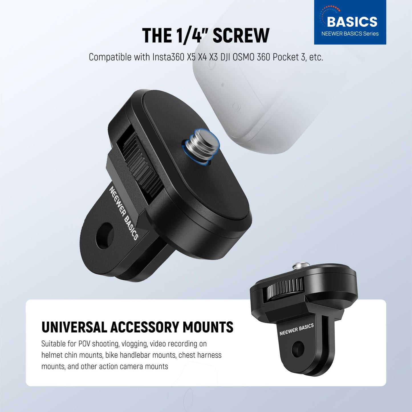 NEEWER 3 Pack Tripod Mount Adapter Kit Compatible with Insta360 DJI OSMO 360 Pocket 3 Action Camera for POV Video Recording, 1/4"-20 to 2 Prong
