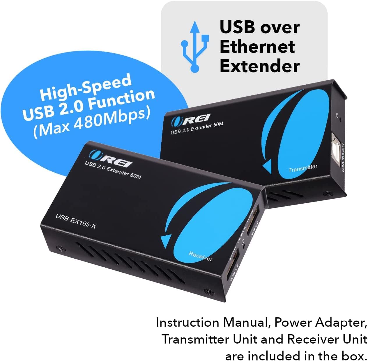 OREI USB Over Cat5e/6 Extender Upto 165 Feet - Extends USB 2.0 Signal Over LAN Ethernet with 2 Ports - Power Over Cable for Long Distance Extension