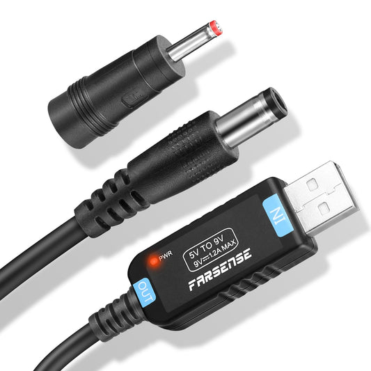 FARSENSE USB DC 5V to 9V Step Up Power Cable(3ft), Farsense USB to DC 9V Adapter with Jack 5.5 x 2.5mm(3.5 x 1.35mm),Boost Converter Supports LED…