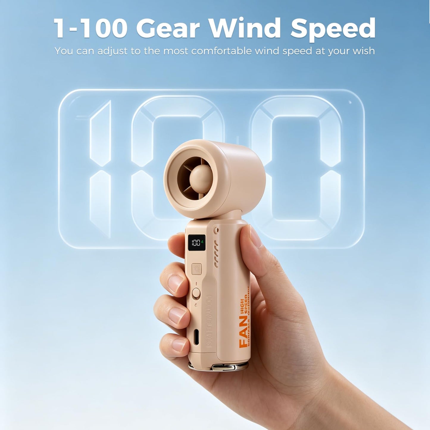 Gemmac Portable Handheld Fan Turbo High Speed 5 Gear Strong Wind & Digital Display 3000mAh USB Rechargeable Personal Fan
