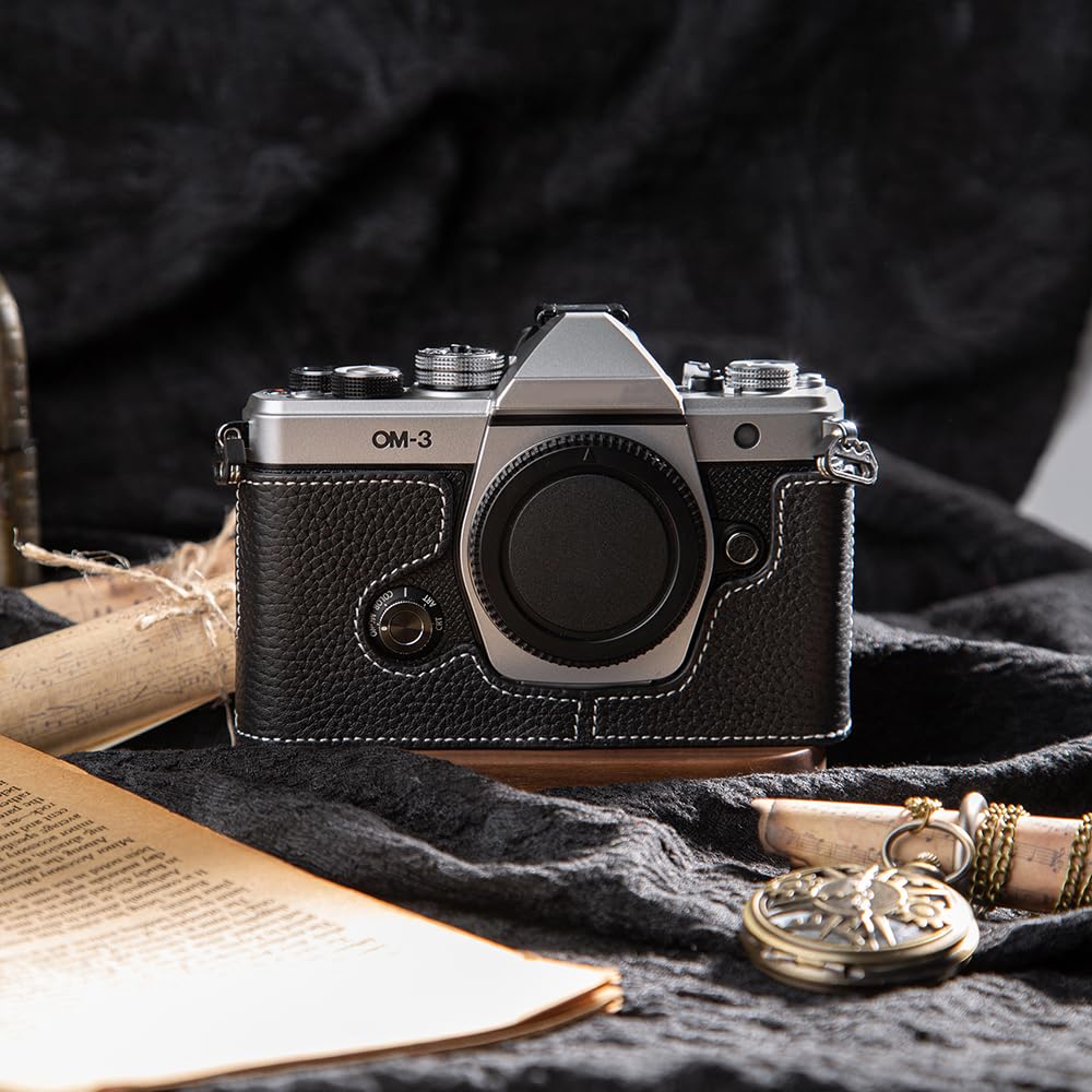 DBZZ Handcrafted Genuine Leather Camera Case, Vintage Half-Wrap Camera Protector For OLYMPUS OM-3 (Black)