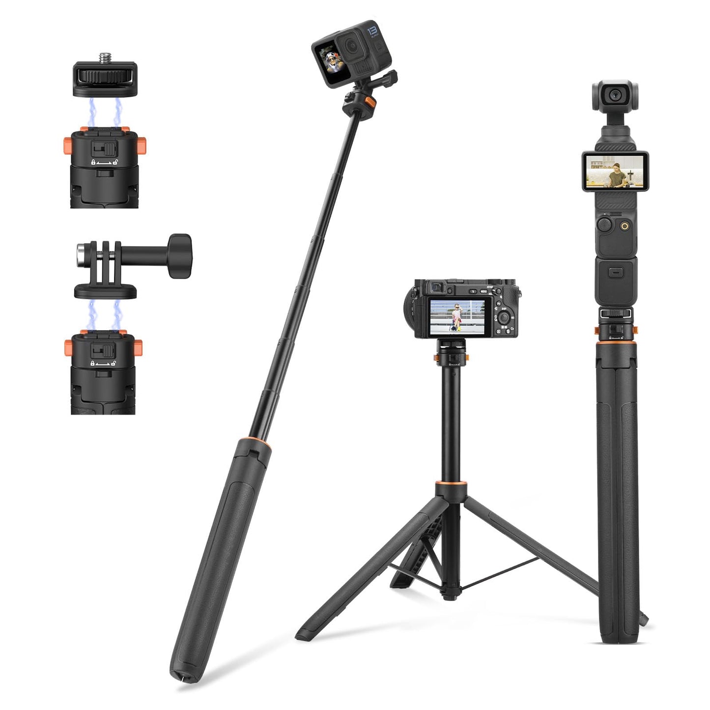64in Pocket 3 Selfie Stick Tripod for GoPro Camera, Xtra Muse Extendable Stand Quick Release 1/4'' Screw Vlog for DJI Osmo Pocket 3 Action 6 5 Pro 4
