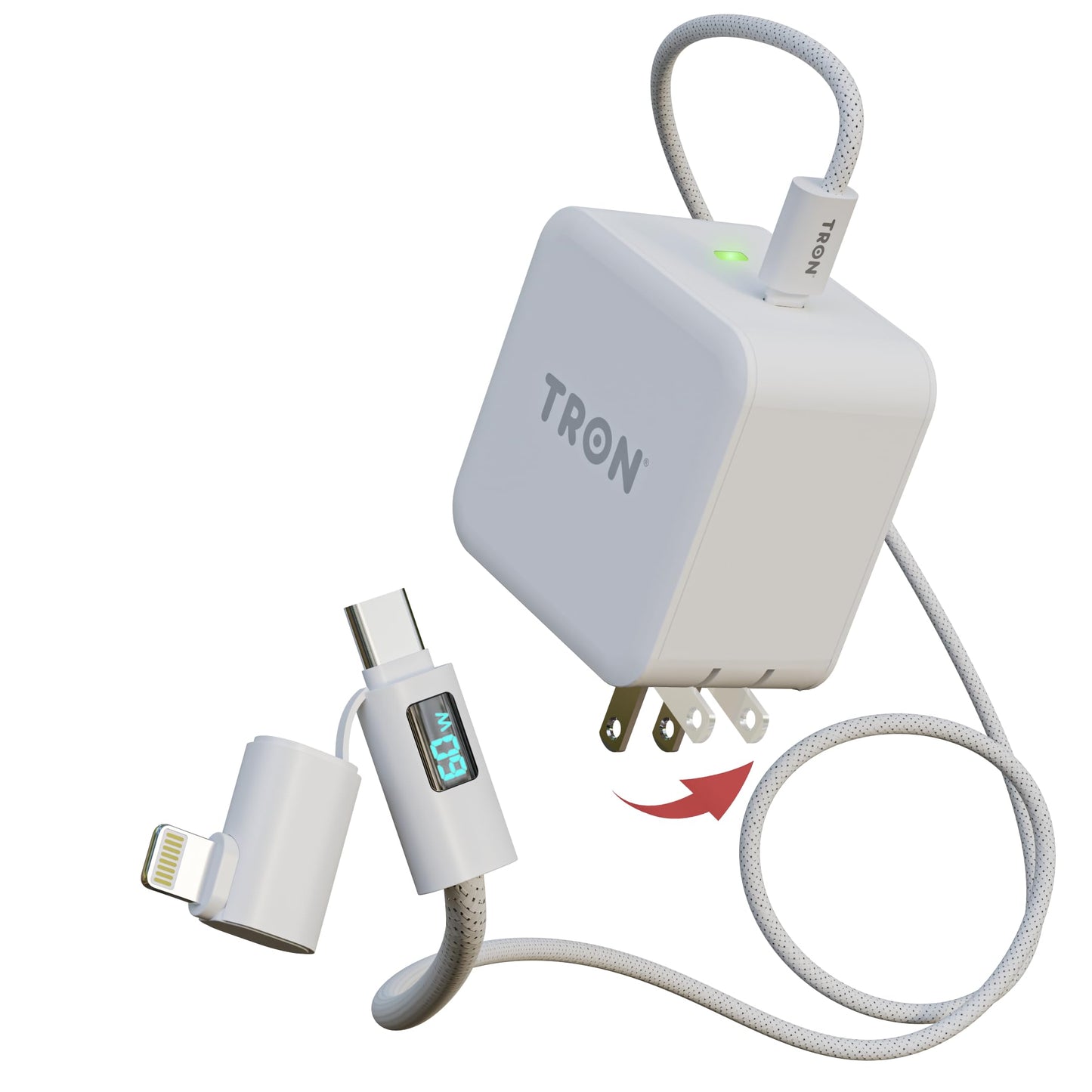 Tron 25W USB-C Power Adapter with 5FT 2-in-1 brided Cable with Digital Display - Fast Charging Solution for Home, Office, and Travel Use